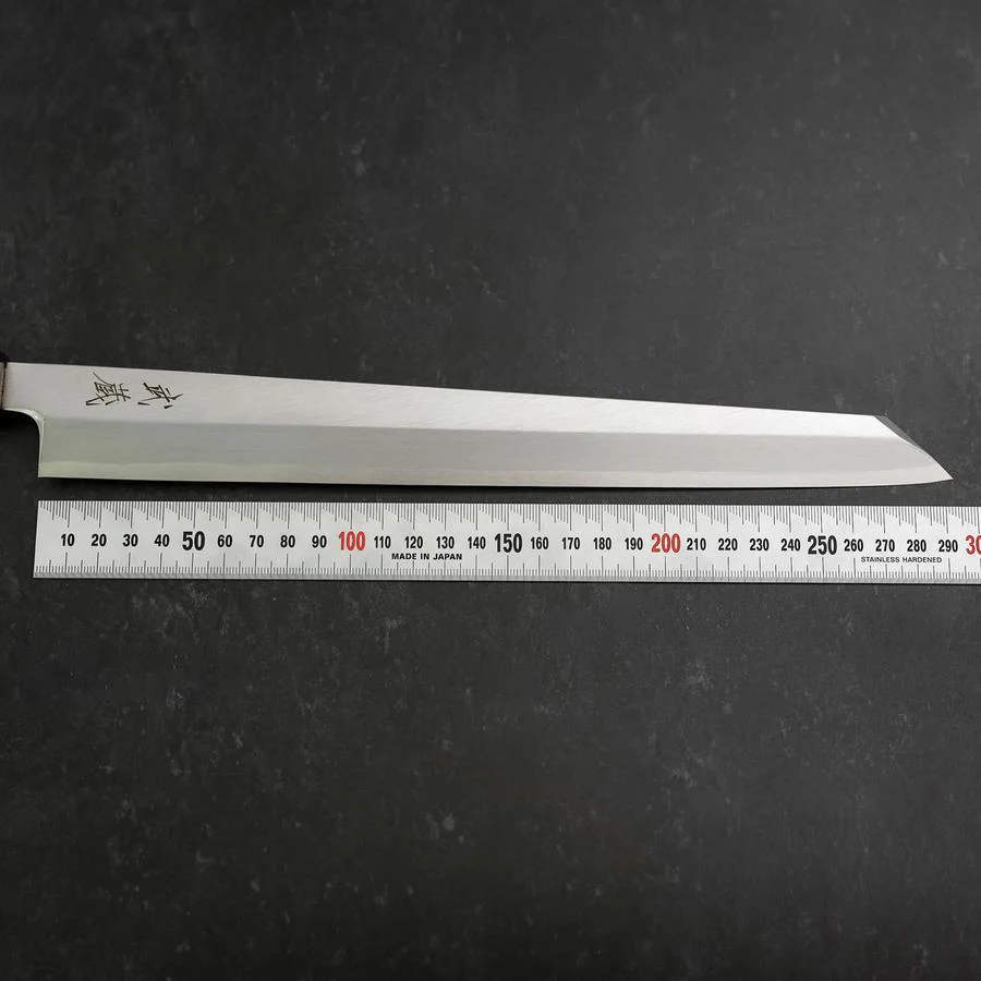Yanagi Kiritsuke White Steel #2 Kasumi Büffelhorn und Teakholz Griff 300mm - Image 7
