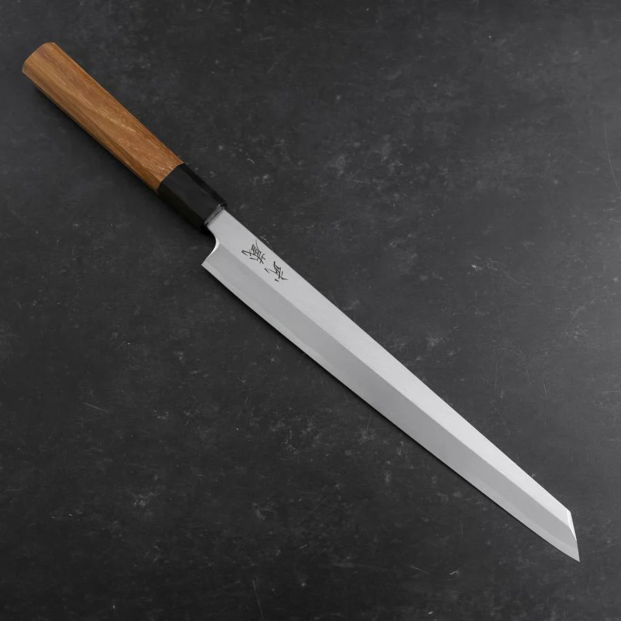 Yanagi Kiritsuke White Steel #2 Kasumi Büffelhorn und Teakholz Griff 270mm