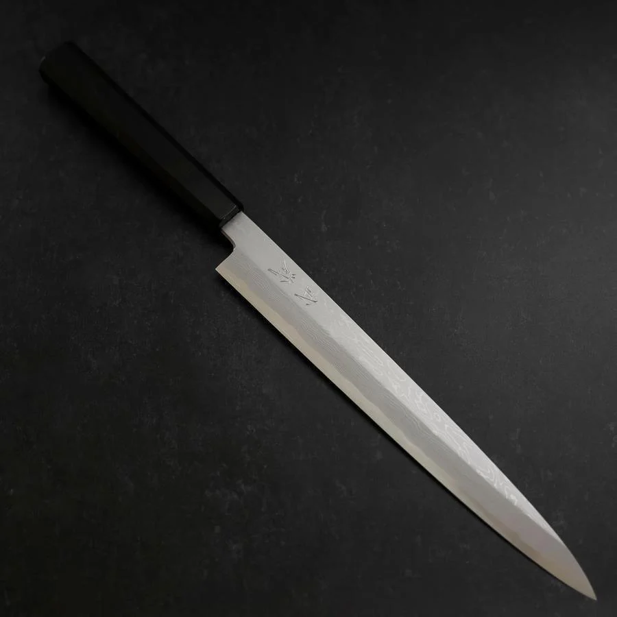 Yanagiba Blue Steel #1 Suminagashi Büffelhorn und Ebenholz Griff mit Scheide 270mm