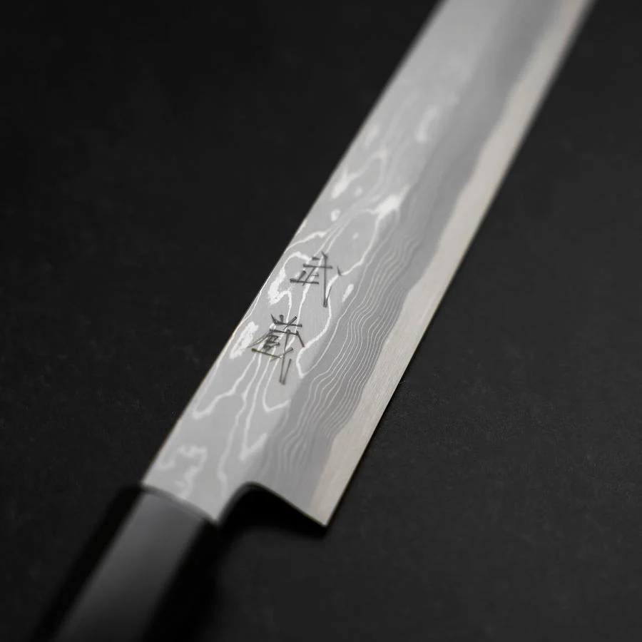 Yanagiba Blue Steel #1 Suminagashi Büffelhorn und Ebenholz Griff mit Scheide 270mm - Image 3