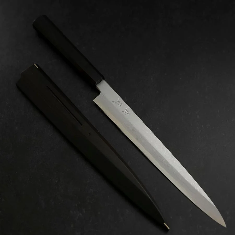 Yanagiba Blue Steel #1 Suminagashi Büffelhorn und Ebenholz Griff mit Scheide 270mm - Image 8