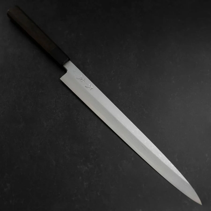 Yanagiba Blue Steel #1 Suminagashi Büffelhorn und Ebenholz Griff mit Scheide 330mm