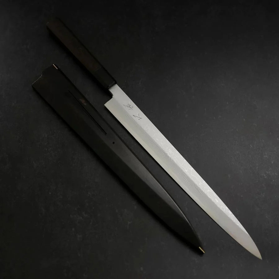 Yanagiba Blue Steel #1 Suminagashi Büffelhorn und Ebenholz Griff mit Scheide 330mm - Image 8
