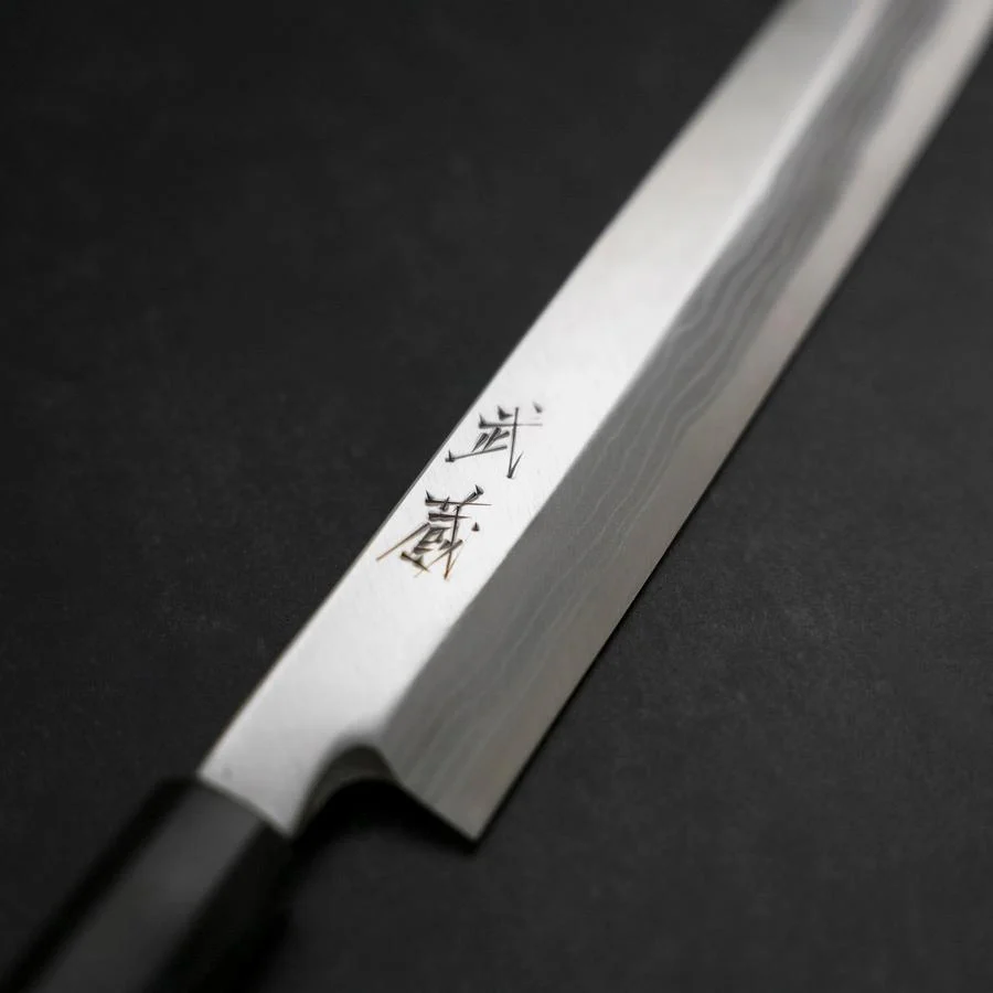 Yanagiba Blue Steel #2 Damast Büffelhorn und Ebenholz Griff 210mm - Image 3