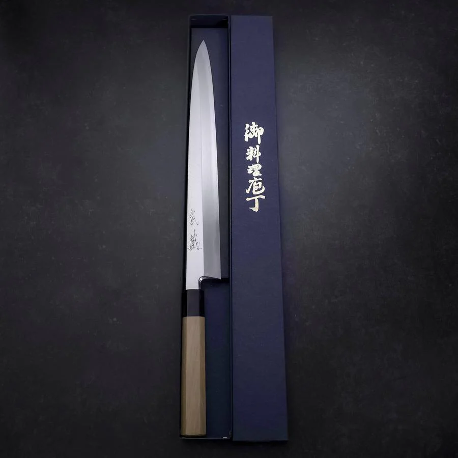 Yanagiba Blue Steel #2 Kasumi Büffelhorn und Magnolienholz Griff 330mm - Image 8