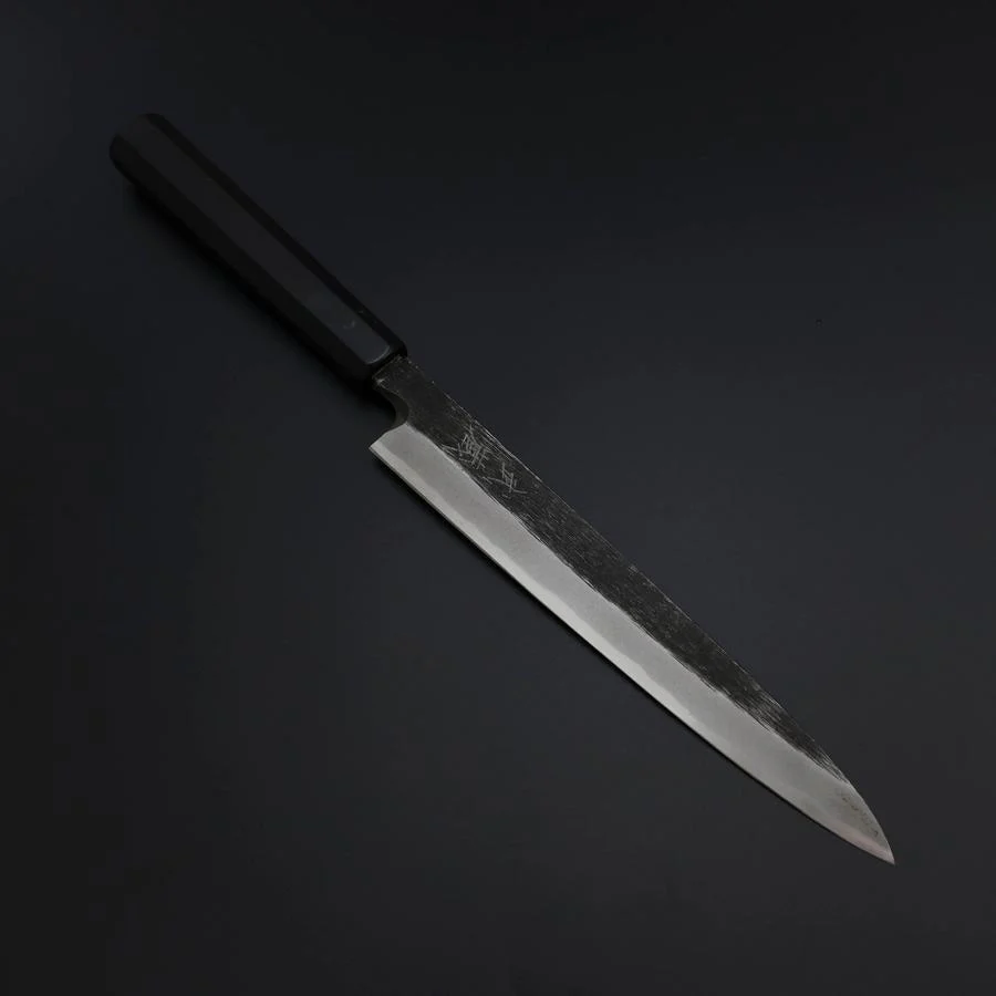 Yanagiba Blue Steel #2 Kurouchi Büffelhorn und Ebenholz Griff 200mm