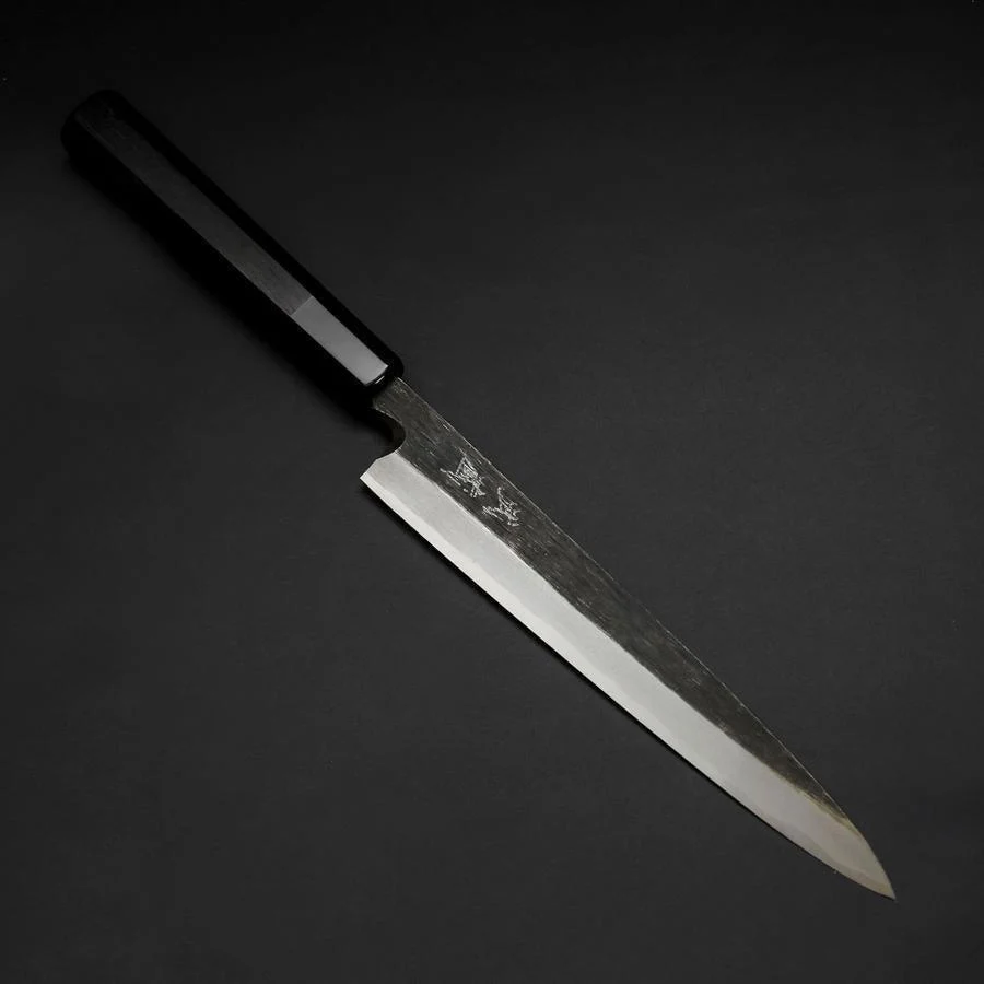 Yanagiba Blue Steel #2 Kurouchi Büffelhorn und Ebenholz Griff 210mm