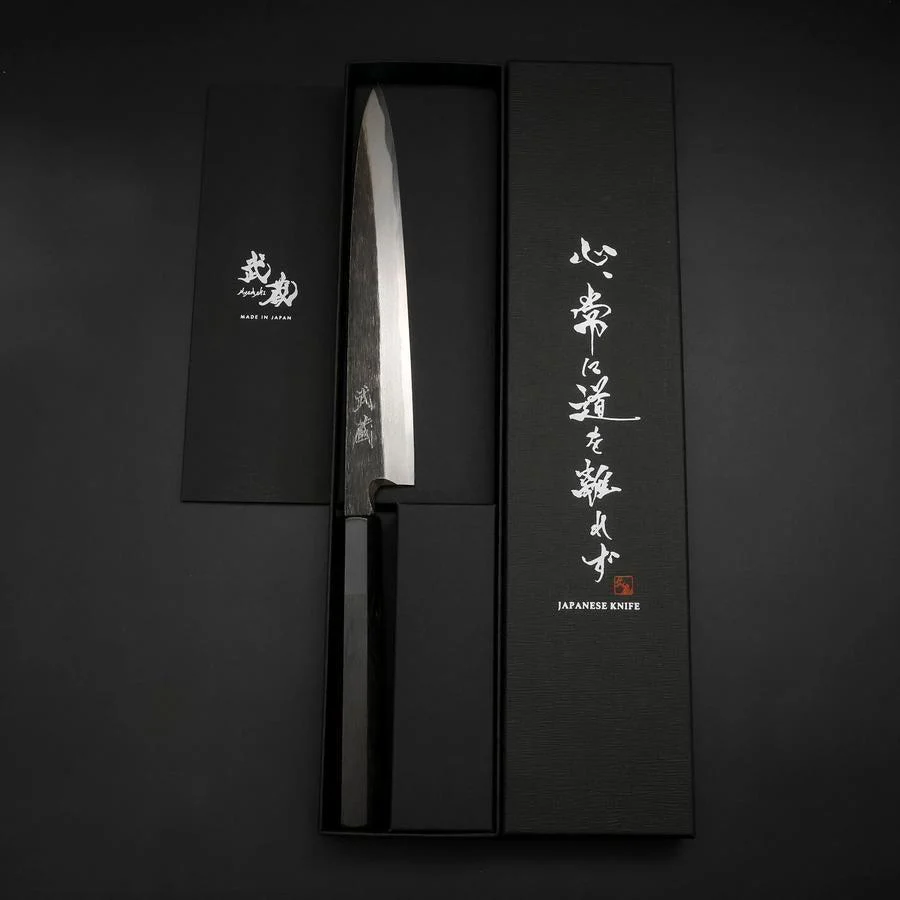 Yanagiba Blue Steel #2 Kurouchi Büffelhorn und Ebenholz Griff 210mm - Image 8