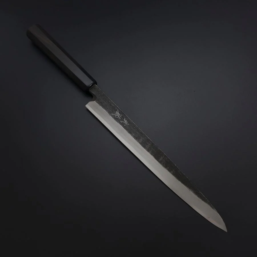Yanagiba Blue Steel #2 Kurouchi Büffelhorn und Ebenholz Griff 260mm
