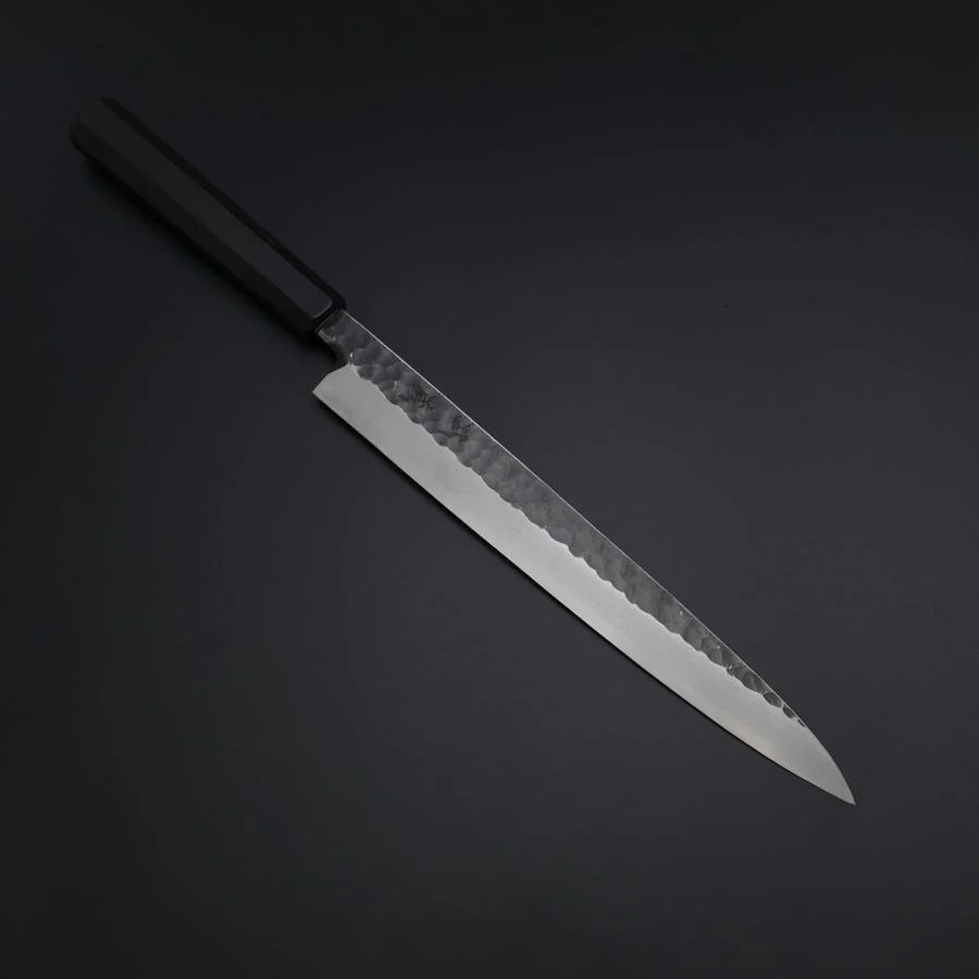 Yanagiba Blue Steel #2 Kurouchi Tsuchime Büffelhorn und Ebenholz Griff 270mm