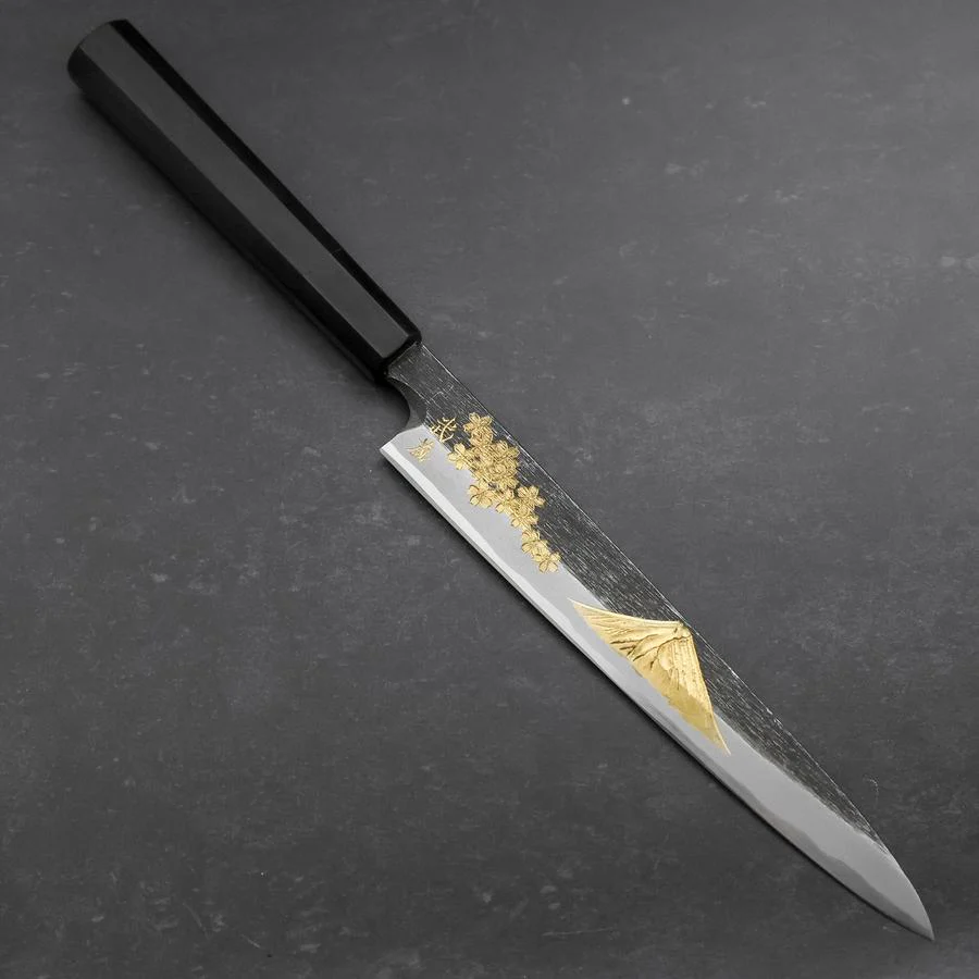 Yanagiba Blue Steel #2 Kurouchi Chokin "Sakura-Fuji" Büffelhorn und Ebenholz Griff 210mm