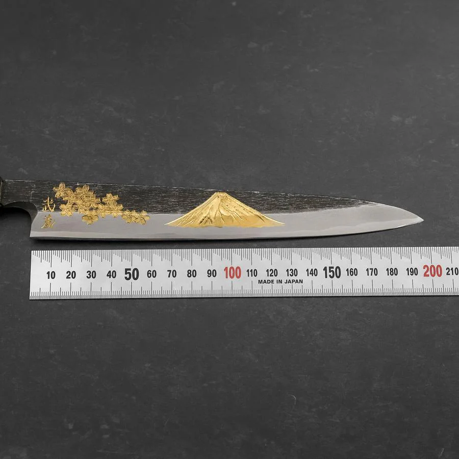 Yanagiba Blue Steel #2 Kurouchi Chokin "Sakura-Fuji" Büffelhorn und Ebenholz Griff 210mm - Image 7