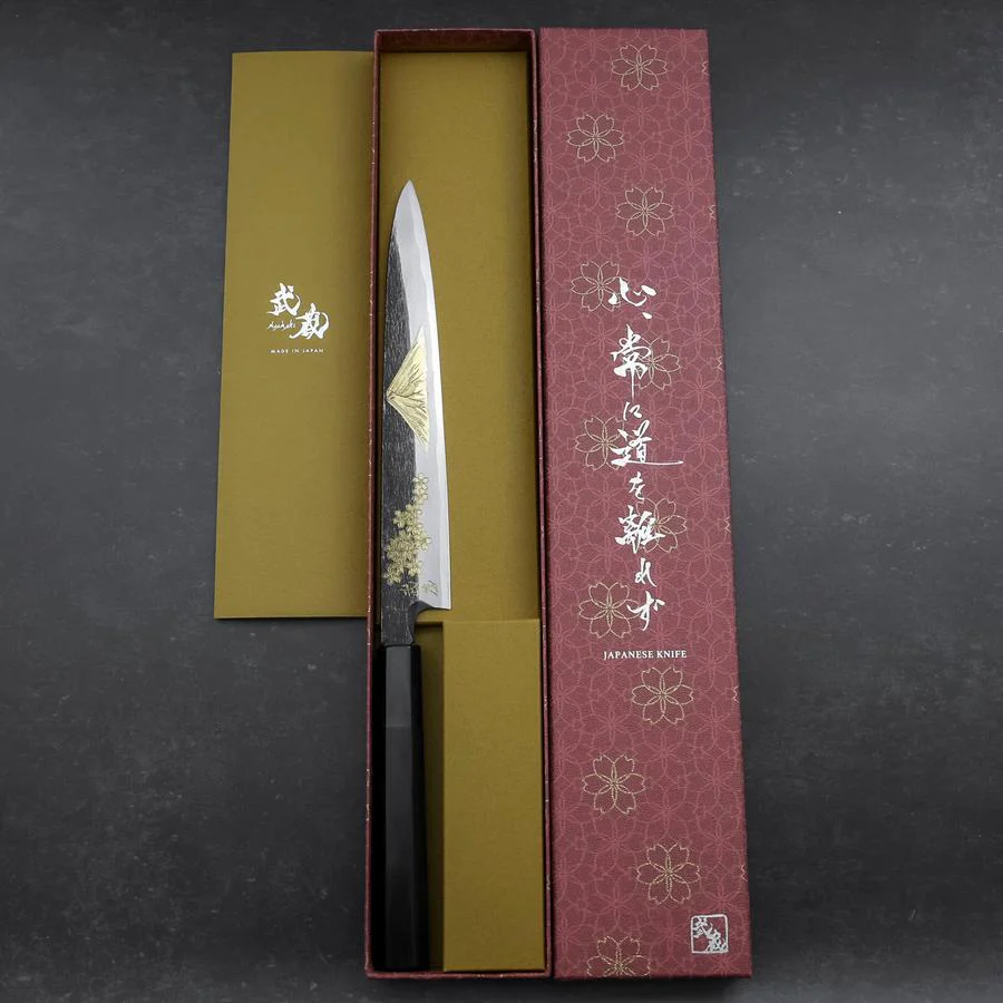 Yanagiba Blue Steel #2 Kurouchi Chokin "Sakura-Fuji" Büffelhorn und Ebenholz Griff 210mm - Image 8
