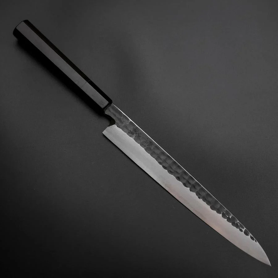 Yanagiba Blue Steel #2 Kurouchi Tsuchime Büffelhorn und Ebenholz Griff 230mm