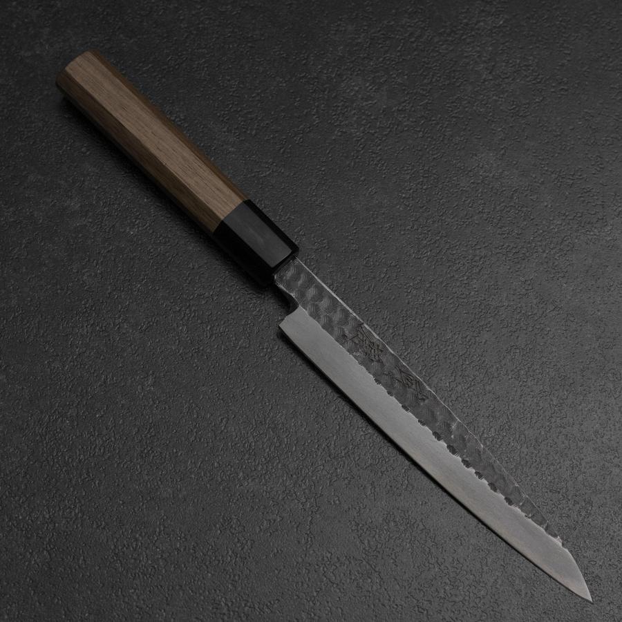 Yanagiba Blue Steel #2 Kurouchi Tsuchime Walnussholz Griff 165mm