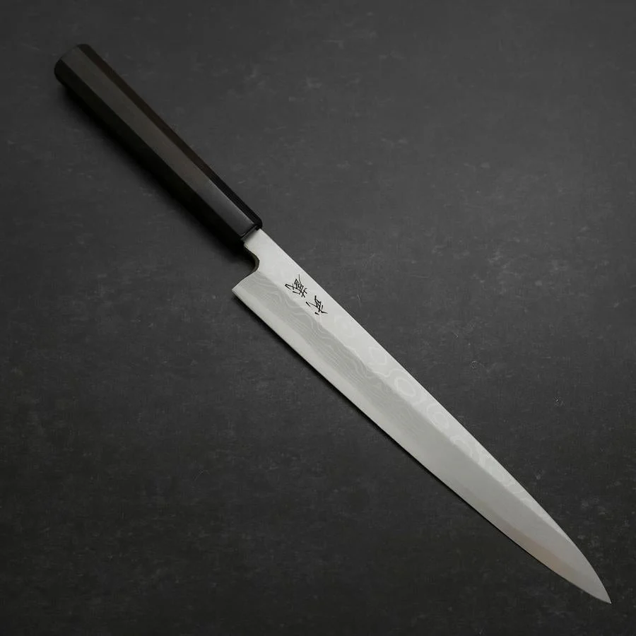 Yanagiba Blue Steel #2 Suminagashi Büffelhorn und Ebenholz Griff 240mm