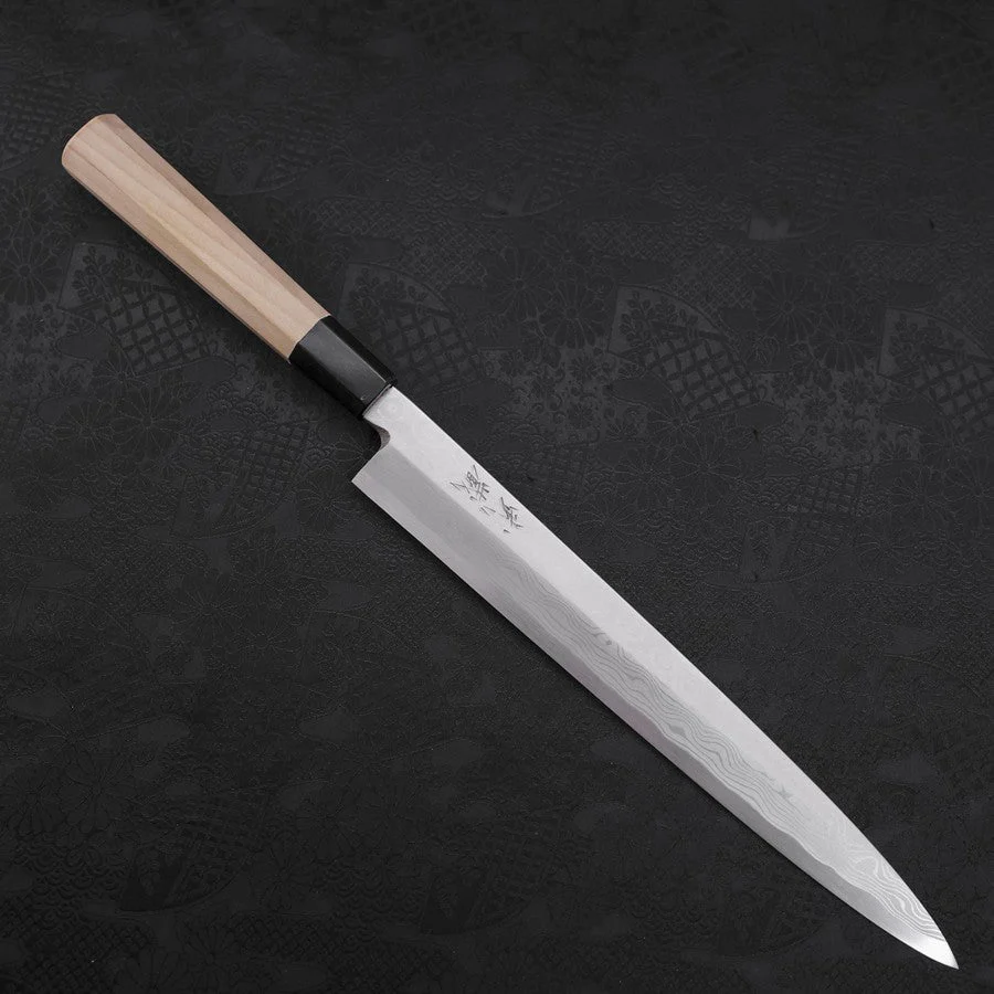 Yanagiba Blue Steel #2 Suminagashi Büffelhorn und Magnolienholz Griff 260mm