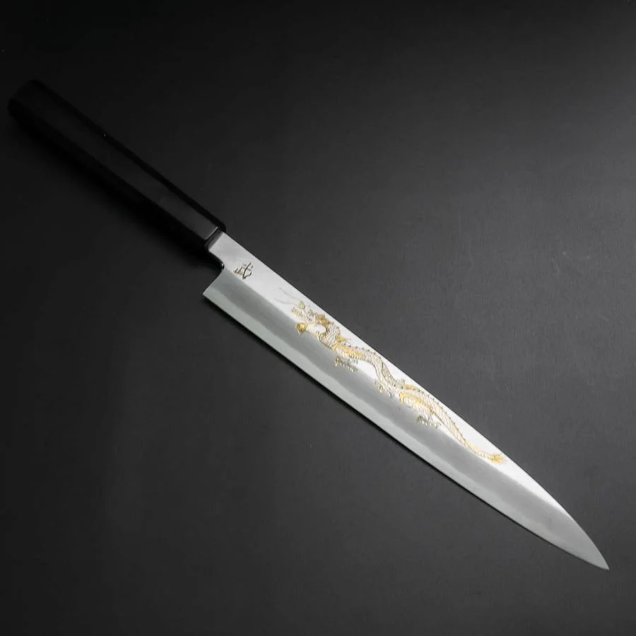 Yanagiba White Steel #2 Kasumi Chokin Drache Büffelhorn und Ebenholz Griff 240mm