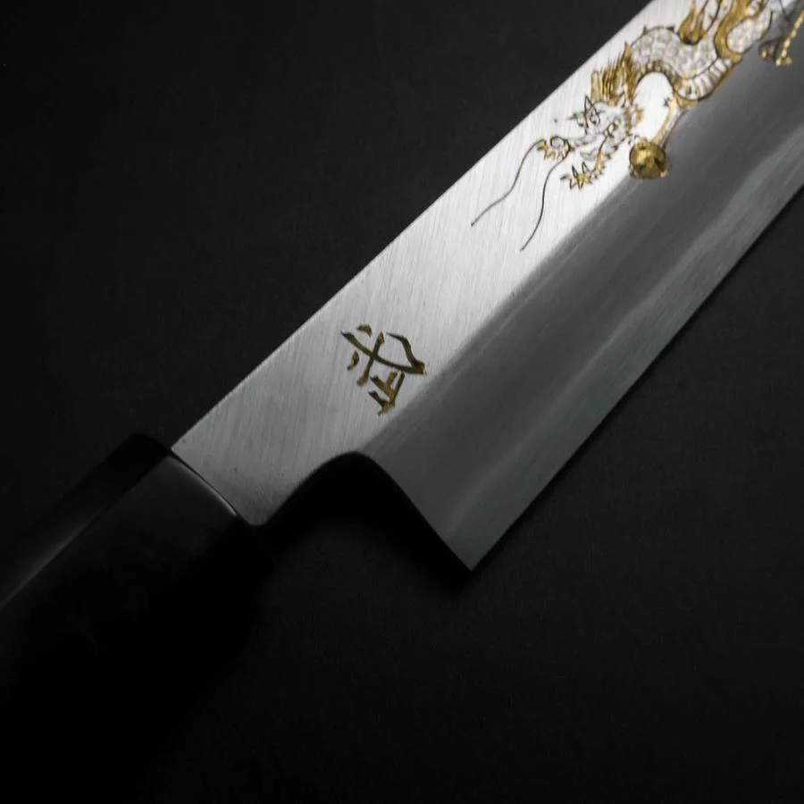 Yanagiba White Steel #2 Kasumi Chokin Drache Büffelhorn und Ebenholz Griff 240mm - Image 3