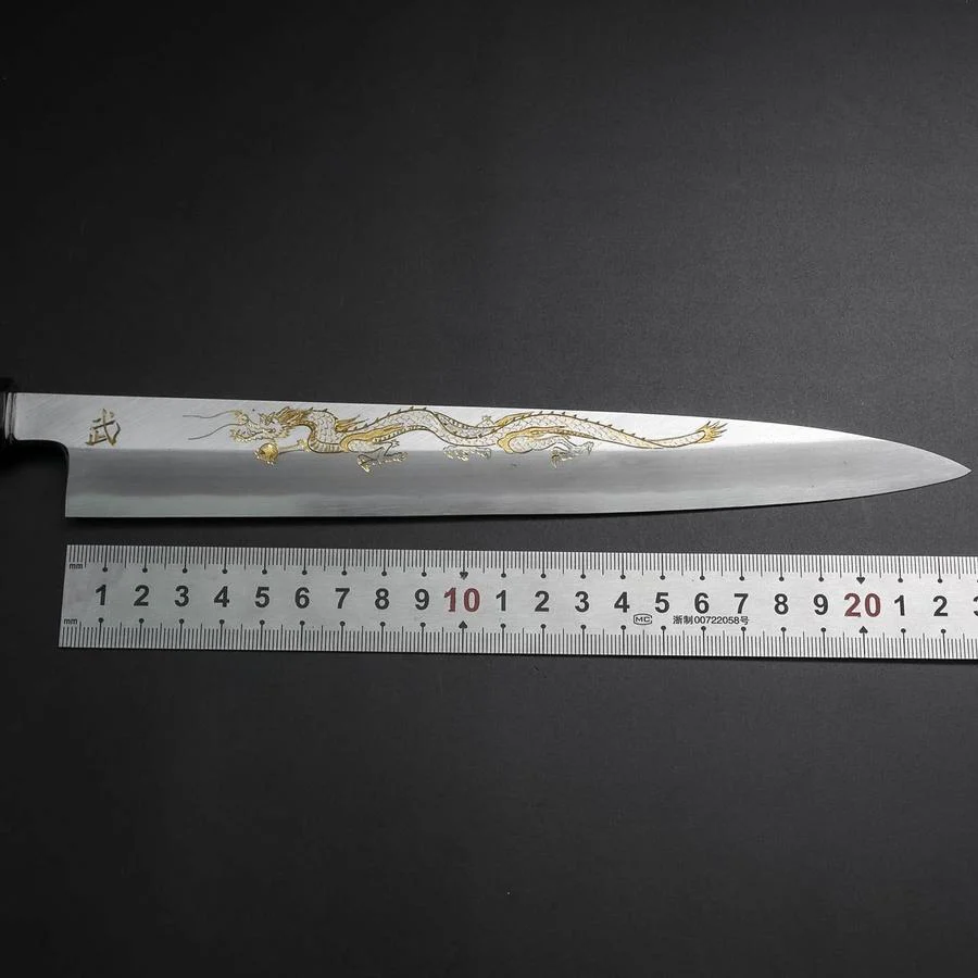Yanagiba White Steel #2 Kasumi Chokin Drache Büffelhorn und Ebenholz Griff 240mm - Image 7