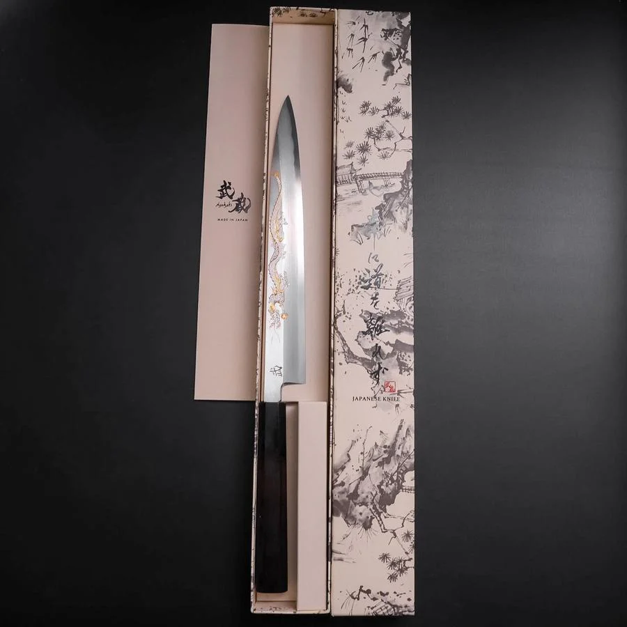 Yanagiba White Steel #2 Kasumi Chokin Drache Büffelhorn und Ebenholz Griff 240mm - Image 8