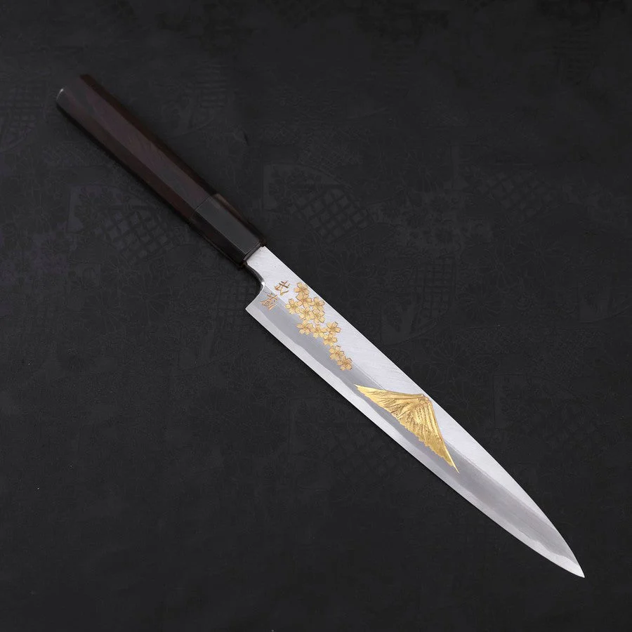 Yanagiba White Steel #2 Kasumi Chokin "Sakura-Fuji" Büffelhorn und Ebenholz Griff 210mm