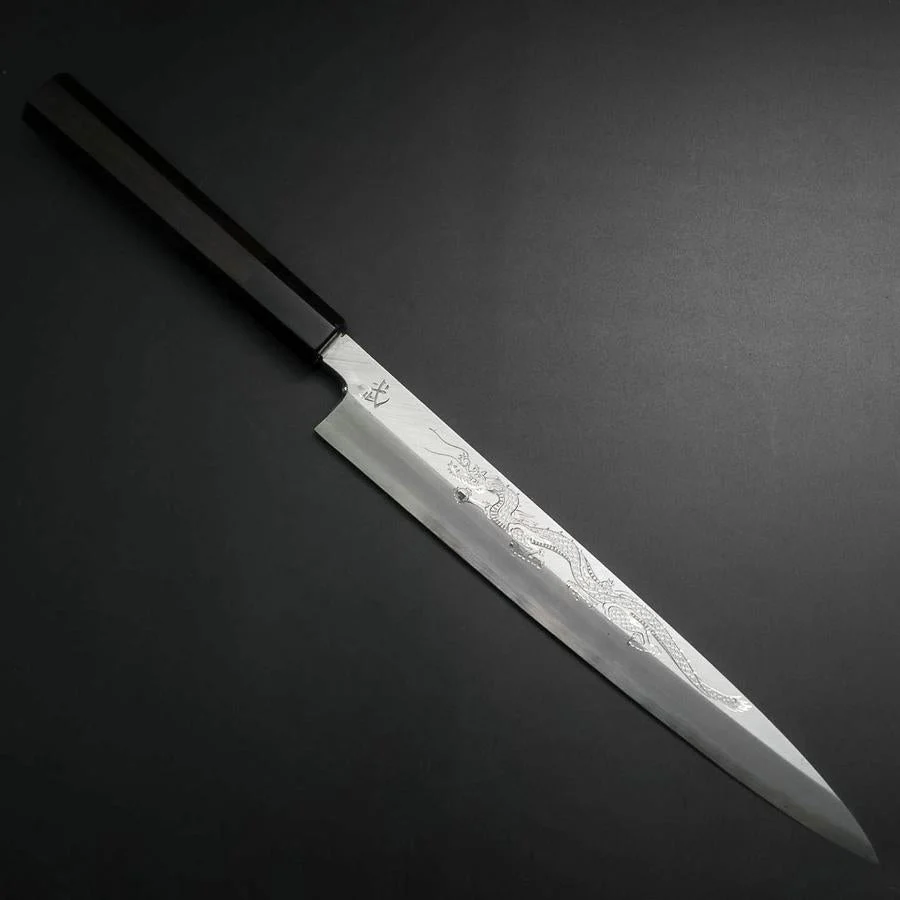 Yanagiba White Steel #2 Kasumi Silber Drache Büffelhorn und Ebenholz Griff 240mm