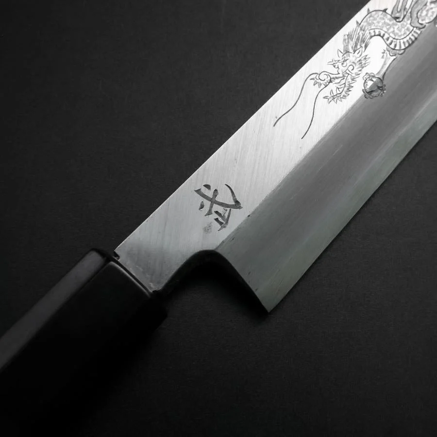Yanagiba White Steel #2 Kasumi Silber Drache Büffelhorn und Ebenholz Griff 240mm - Image 3
