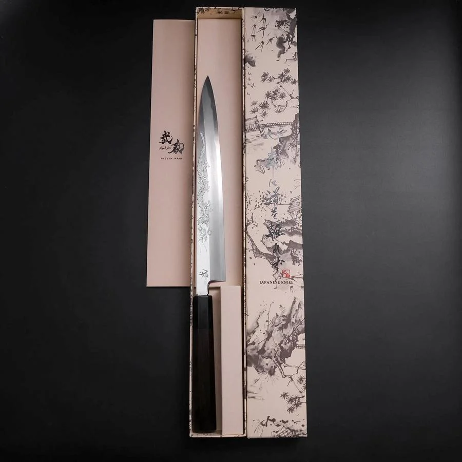 Yanagiba White Steel #2 Kasumi Silber Drache Büffelhorn und Ebenholz Griff 240mm - Image 8